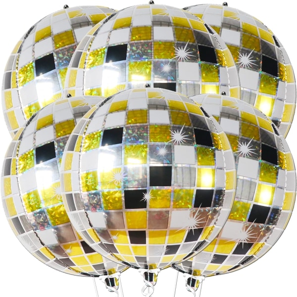 Disco balloner - store, 22 tommer | 360 graders 4D-sfære discoballoner | 90'er festpynt, sort og guld festpynt