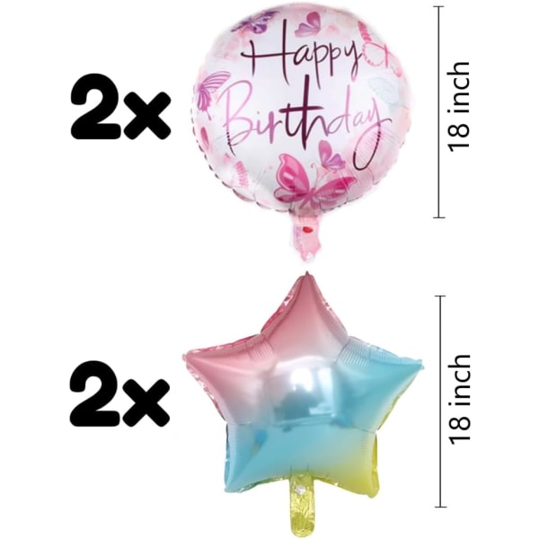 Perhospallon syntymäpäiväkoristeet 5 set - perhosjuhlat, ilmapallo numero 5, vaaleanpunainen sateenkaari, folio ilmapalloeläimet Hyvää syntymäpäivää koristeet