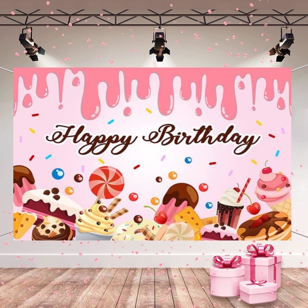 Jälkiruokateemainen Happy Birthday -banneri Vaaleanpunainen syntymäpäivän taustakoristelu Jälkiruokatausta syntymäpäiväjuhlien koristeluun valokuvauksen tausta