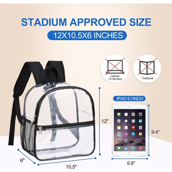 Clear Backpack Stadium Hyväksytty 12×6×12, vedenpitävä kirkas laukku konserttityöurheilutapahtumaan (musta)