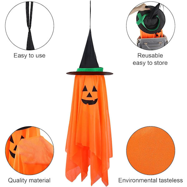 Pumpan med häxhatt - Förinstallerad Halloween-dekor häxspöke pumpa, utomhus/inomhus hängande prydnader för festgård dörr fönster träd veranda