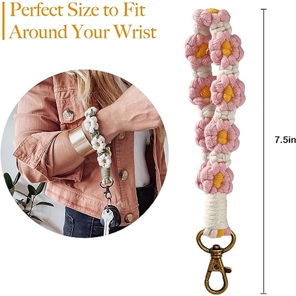 Macrame Daisy Wristlet Keychain, Søde Blomster Nøgleringe til Kvinder Piger Boho Håndlavet Håndledsrem Bilnøgler Nøgleringe
