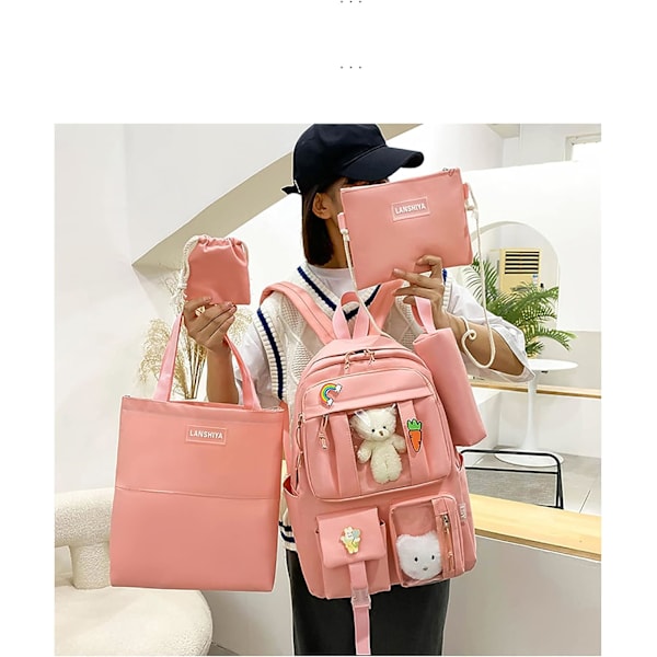 Kawaii 5-delad flickryggsäck för flickor med söta björnaccessoarer, skolmaterial skolväska pennfodral praktisk axelväska-rosa