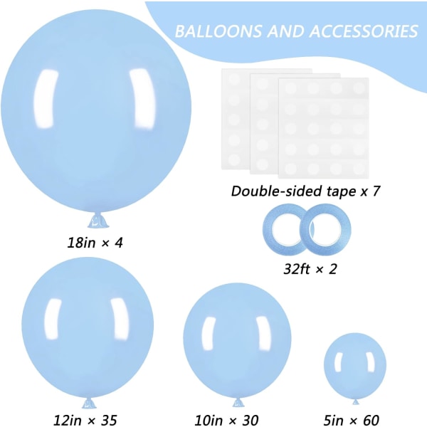 129 stk. Pastelblå balloner i forskellige størrelser 18 12 10 5 tommer til guirlandebue, lyseblå balloner