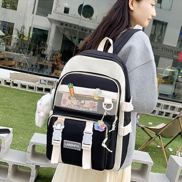 5 stk Kawaii Ryggsekk Søt Ryggsekk Estetisk Ryggsekk Preppy Ryggsekk Sett Kawaii Skoleutstyr med Tilbehør (Svart)