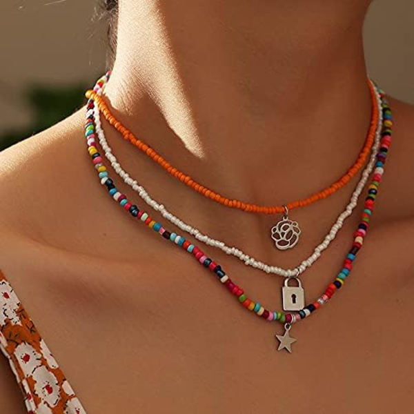 BLING Boho Rainbow Perle Halskæde Lagdelt Hals Låst Sommerfugl Kæde Stjerne Vedhæng Multi Farve Perle Choker Halskæder Strand Smykker til Kvinder