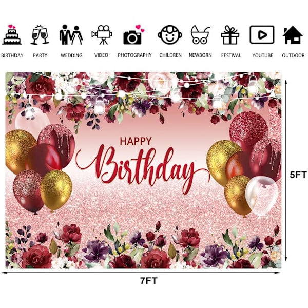 7x5ft Grattis på födelsedagen Fest Bakgrund Röd Guld Födelsedag Dekorationer Bakgrund Födelsedagsfest Banner Dekorationer Bakgrund 178