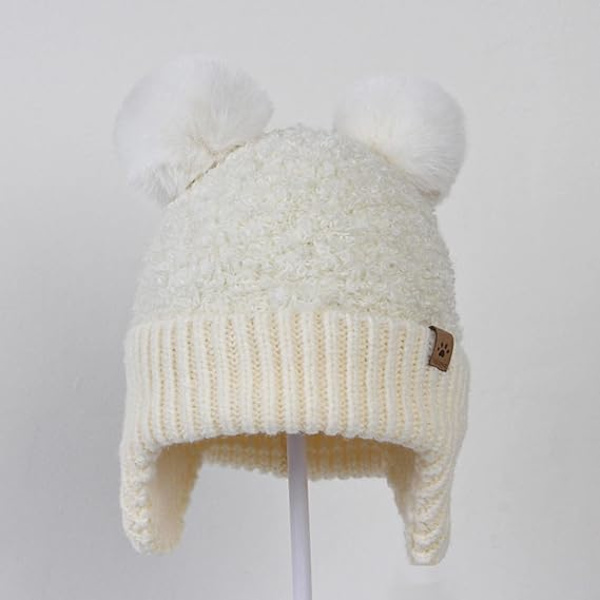 Toddler Bomullsmössa Spädbarn Baby Flickor Pojkar Mjuk Varm Stickad Mössa Barn Vintermössa med Fleece Öronlapp Halsduk Huva Mössa