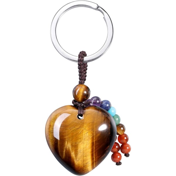 Naturlig tigerøye hjerte krystall nøkkelring 7 Chakra Healing Gemstone Key Ring Charm for kvinner