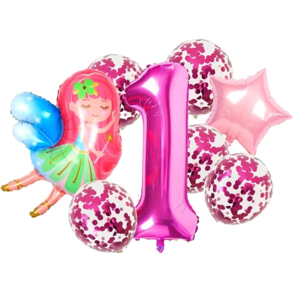 Keijun set - numero 1 ilmapallo vaaleanpunainen, keijujuhlakoristeet, keijujen syntymäpäiväjuhlien koristeet, juhlatarvikkeet 1. syntymäpäiväjuhla