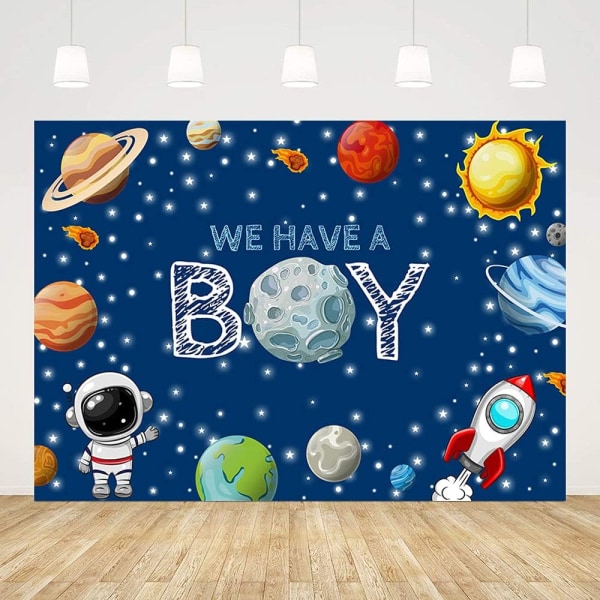7x5ft Outer Space Tema Baggrund til Boy Baby Shower Galaxy Planet Astronaut Rocket Moon Foto Køn Afslør Baggrund Vægdekor Banner
