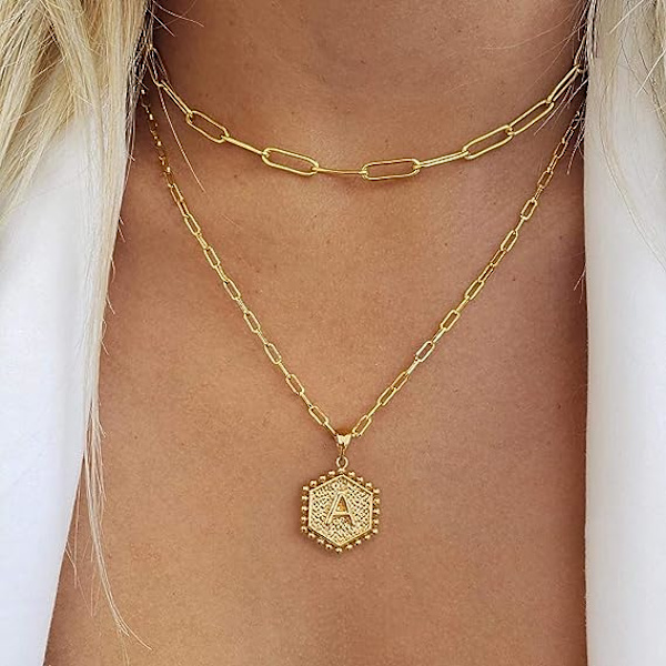 14K ekte gullbelagt bindersklipskjede Halskjede Søtt heksagonbokstavanheng Initial Choker Halskjede Gull Lagdelte Halskjeder for kvinner