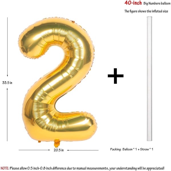 2 kpl 40 tuuman kultanumeroisia heliumfolio-syntymäpäiväjuhlien ilmapalloja (kulta 2)