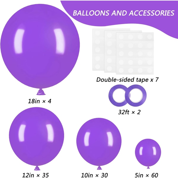 129pcs Purple Balloons Different Sizes 18 12 10 5 Inch for Garland Arch Premium Purple Latex Balloons