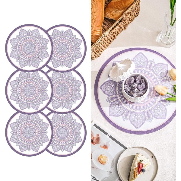 Bohemian Print Runde Mandala Dekkebrikker PVC Sett med 6 Dekkebrikker Vaskbar Varmebestandig sklisikker bordmatte for kjøkken(B)