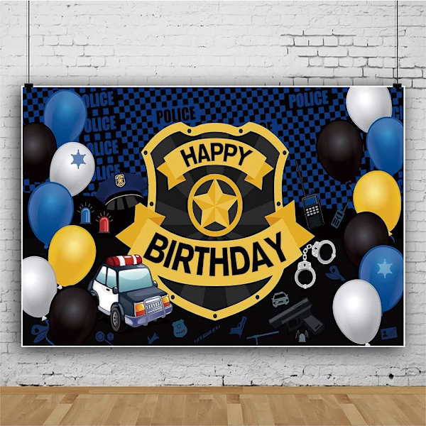 7x5ft Onnellinen syntymäpäivä valokuvaustausta Poliisi teema Pojat 1. syntymäpäiväjuhlat Banner Tausta Koriste Värikkäät ilmapallot Muotokuva Banner
