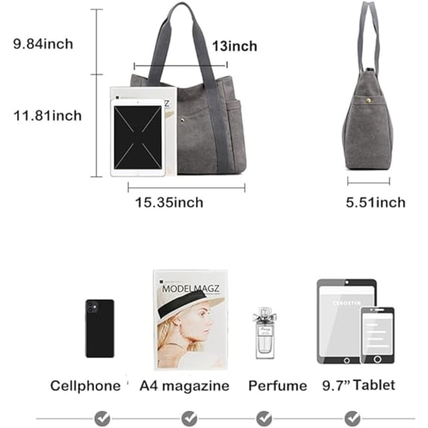 Handväskor i canvas för kvinnor Retro Casual axelväska med flera fickor, topphandtag, väska, handväska
