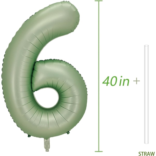 Numero 6 ilmapallo, suuri numero ilmapalloja 40 tuumaa, 6-vuotisjuhlakoristeet kuudennen vuoden syntymäpäiväkylttisisustus, Sage Green