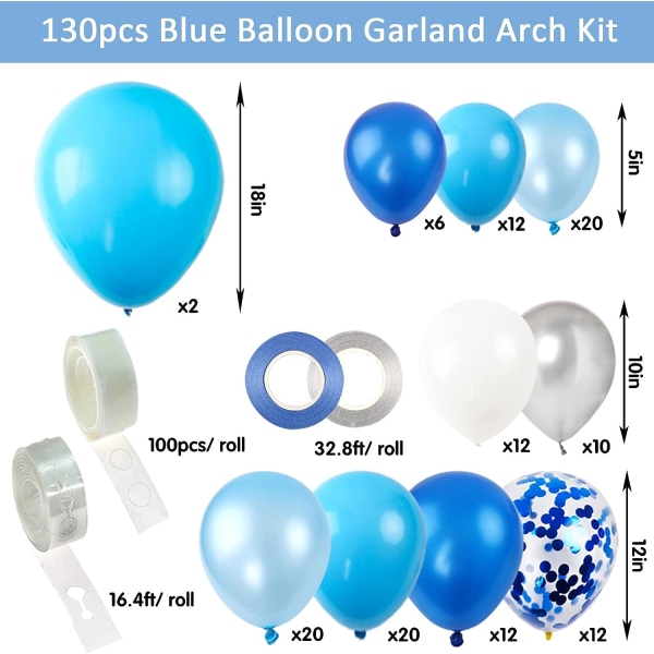 130 st Blå Ballonger Garland Arch Kit, Kungsblå och Baby Vit Krom Sliver Ballonger Båge för dusch Födelsedagsavslutningsfestdekorationer