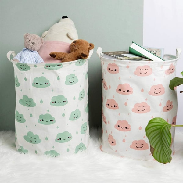2-stykke legetøjsopbevaringskurv til børn, stor foldbar vasketøjskurv Bomuldsopbevaringsboks med håndtag - grønne skyer, hvid