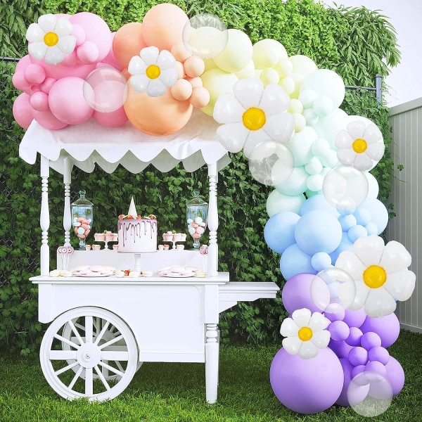 Groovy Daisy Flower Balloons - 114 st Pastell Rainbow Balloon Arch Garland Kit - Clear Bubble & Bobo Balloons - Perfekt för födelsedag, baby shower
