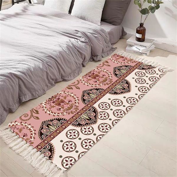 Vävda bomullsmatta, bohemisk matta med fransar, vävd matta, geometriska mattor för hemmet, modern design, halkfri, tvättbar (50x80 cm, rödbrun)