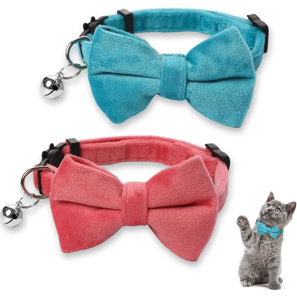 Pack Velvet Safety Cat Halsband med justerbar bjelle og sløyfe for liten valp, ensfarget, rosa og blå