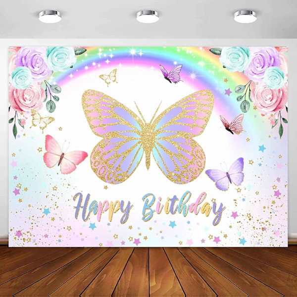 Perhonen Hyvää Syntymäpäivää Tausta Violetti Vaaleanpunainen Kukka Sateenkaari Perhonen Syntymäpäivä Tausta Perhonen Syntymäpäiväkoristeet Juhla Banner Tarvikkeet 8X6ft