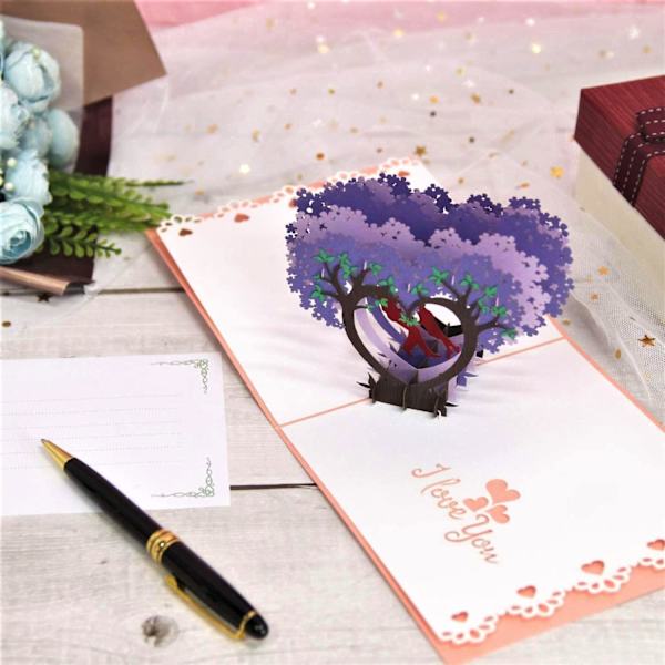Jubilæums pop-up-kort med kysse hjerte wisteria design, 1. bryllupsdag pop-up-kort til par, kone, mand, kæreste