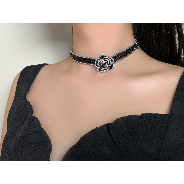Black Flower Crystal Chunky Choker Halsband för kvinnor Rose Diamond Costume Collar Jewlery, Middle