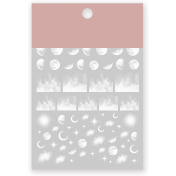 Nail Art-klistremerke på natthimmelen 3D White Moon Star Cloud Pattern Nail Tips Semi Transparent Design Mote Charm DIY Tånegler Nail Tattoos 3 ark