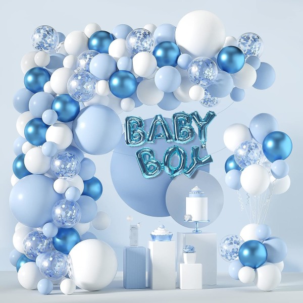 Blå og hvid ballonbueguirlandesæt-121 STK 5+12+18 tommer blå hvid babydreng balloner til festdekoration