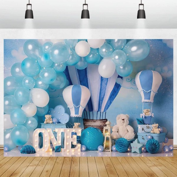 Nyfødt gutt Bjørn Portrett Bakgrunn Fotostudio Blå ballonger Varmluftballong Bakgrunn En bursdagsfotografering (7x5FT/2.1x1.5m)