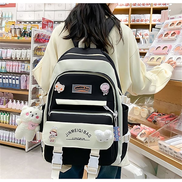 Kawaii ryggsekksett med 5 deler estetisk ryggsekk for skole tenåringsjenter daglige nødvendigheter med sjarm og pins, pennal, tote bag, liten veske.