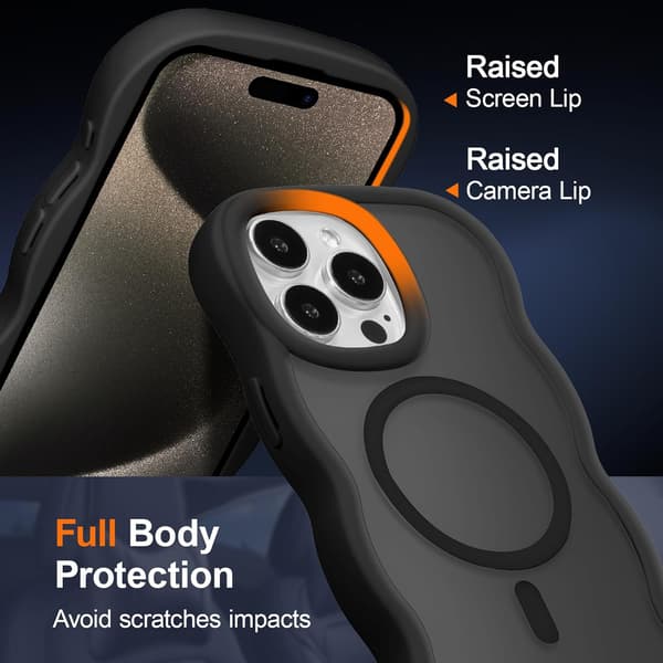Magnetic Case for iPhone, Cute Case Compatible with MagSafe, Clear Wave Design Wavy Matte Phone Case Black 15plus