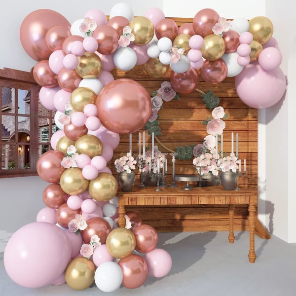 Rosa ballongbågesats 140 st, baby shower för flicka med roséguld metalliska baby ballonger Girlander för festdekorationer