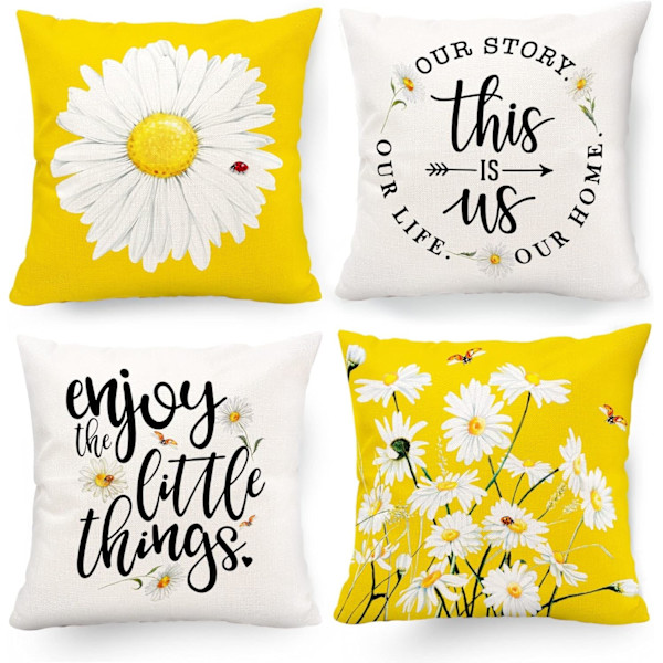 Vårfodral för kuddar 18x18 tum Set om 4, Gårdsvår Sommar Dekor Daisy Floral Gul Kuddöverdrag för Soffa Inomhus Utomhus