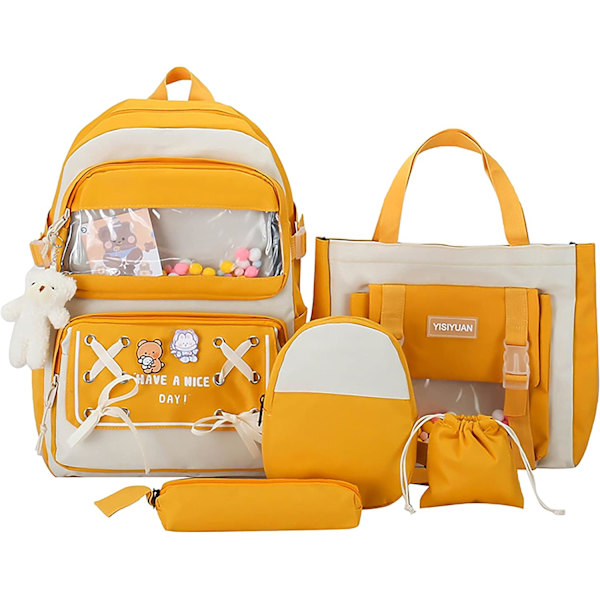 5PCS Kawaii Rygsæk Sæt til Teenagere Piger 17in Søde Skole Tasker Bogtaske med Skuldertaske, Blyantæske, Tote Taske, Lille Taske, Gul
