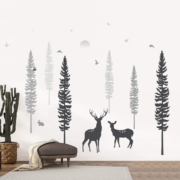 Woodland Nursery Decor – Drømmende skovtema fyrretræ vægklistermærker med dyr, hjorte og ugle – søde babyvægklistermærker til soveværelse, klasseværelse og børnehave