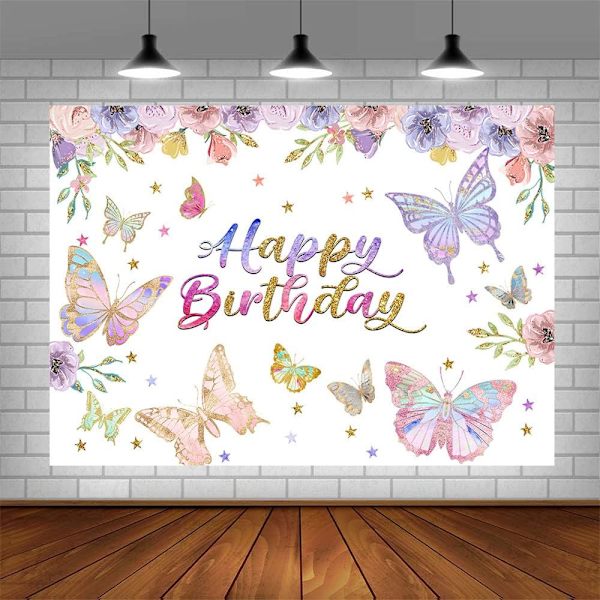 7x5ft Butterfly Bursdagsbakgrunn for Jenter Vårtema Fargerike Blomster Sommerfugler Fotografi Bakgrunn Rosa Bursdagsfestdekorasjoner