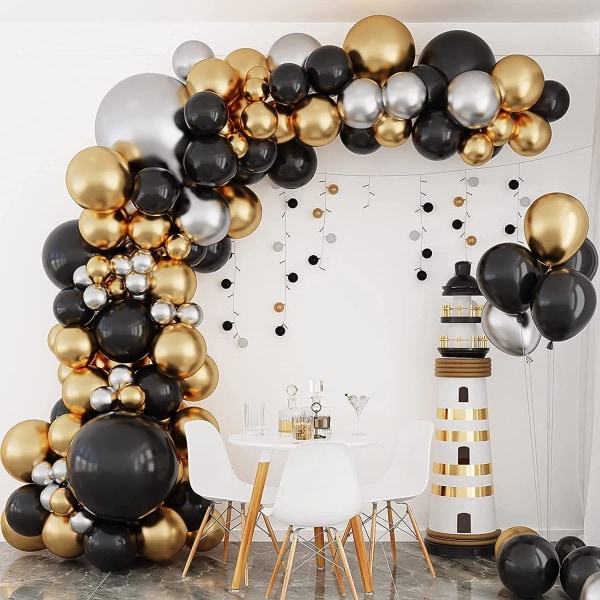 137 stk sort guld og sølv ballongarlandbuesæt, metallisk guld krom sølv balloner til fødselsdags- og nytårsfestdekorationer