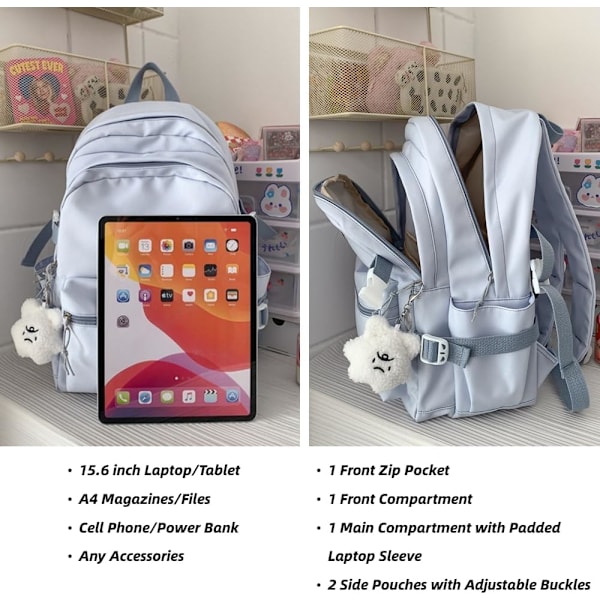 Kawaii Ryggsäck med Söt Tillbehör Estetisk 15,6 Tums Laptop Ryggsäck Hänge (Svart)