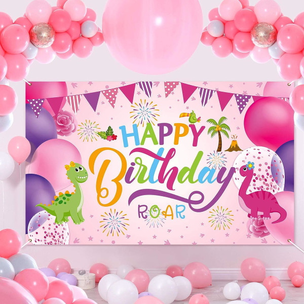 (5x3ft) Dinosaur fødselsdagsfest baggrund dreng/pige fødselsdag gaming banner til fødselsdag dekoration, baby showers og foto rekvisit (Pink)