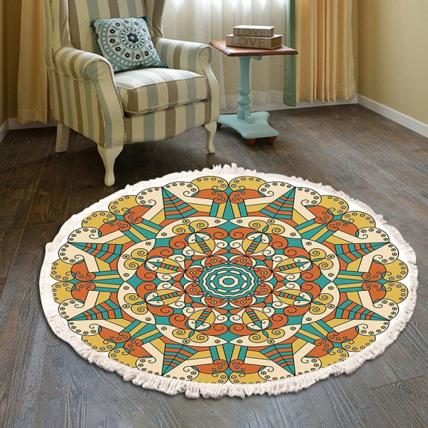 Rundt teppe i vintage bohemisk bomull, mandalamønster, maskinvaskbar, bohemsk stil, med pomponger, 120 cm, blomster