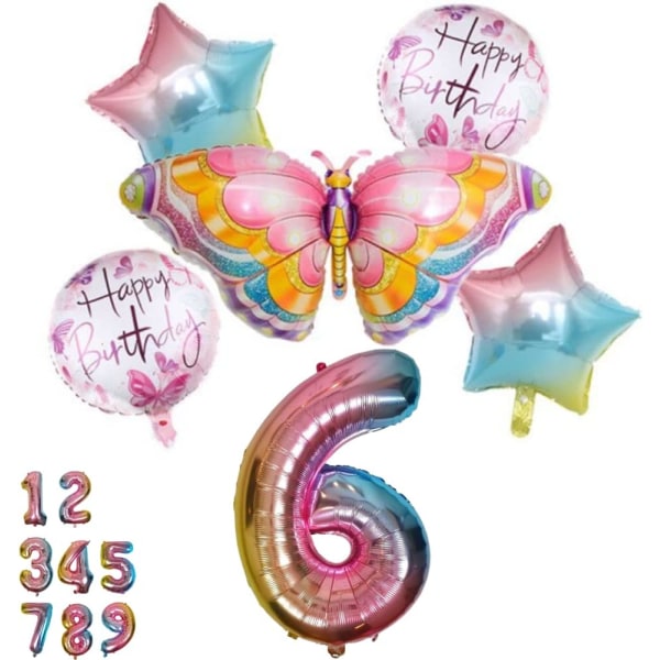 Perhospallon syntymäpäiväkoristeet 6 set - perhosjuhlat, ilmapallo numero 6, vaaleanpunainen sateenkaari, folio ilmapalloeläimet Hyvää syntymäpäivää koristeet