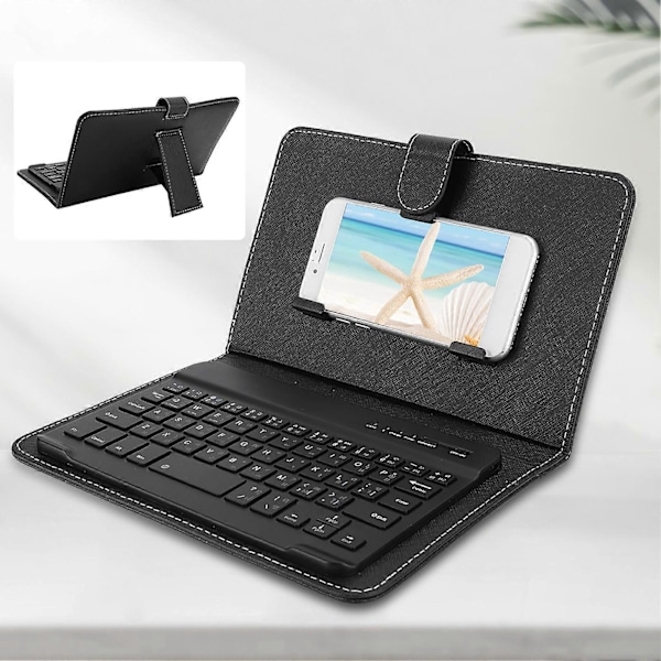 Bærbar Integreret Mobiltelefon Universal Thai Sprog Bluetooth Beskyttende Læderdækning Tastatur Black