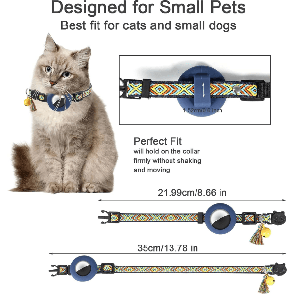 Airtag kattehalsbånd med sikkerhetsspenne klokke og dusk 1,1 cm bred vanntett Airtag Breakaway kattehalsbånd Anti Choke for katter Hunder Valp (mørkeblå)