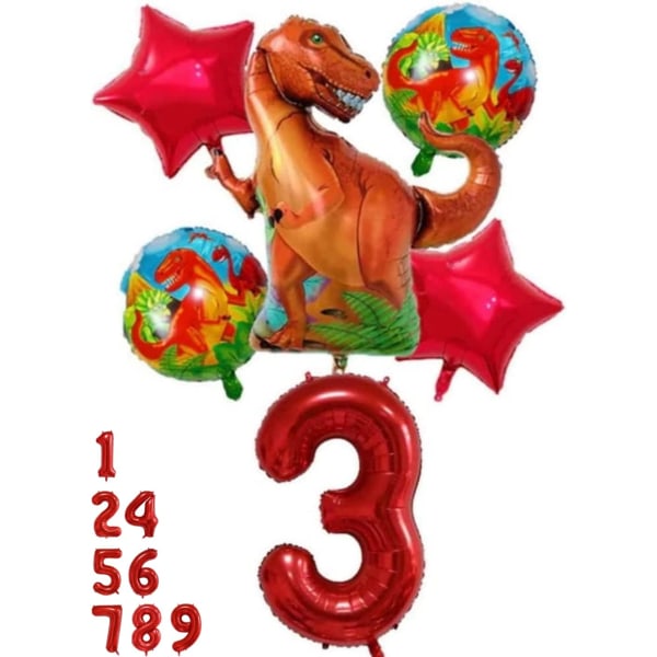 Dinosaur festdekorasjoner sett - nummer 3 ballong rød, dinosaur ballonger, dinosaur bursdagsdekorasjoner, dinosaur dekorasjoner 3. bursdagsfest