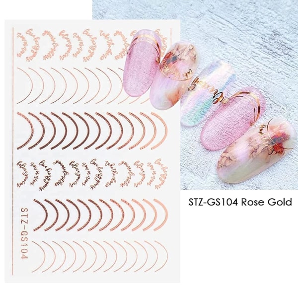 Lines Nail Stickers Rose Gold Metal Nail Art Decals 8 Sheets Self-Adhesive Nail Decals Curve Nail Art Sliders for Women Manicure DIY Decorations