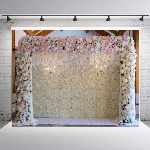 Bryllup Blomster Væg Baggrund Polyester Stof Pink Brude Mursten Blomster Blomst Romantisk Rose Plant Elegant 7Wx5H